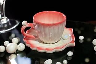 zk collections Pearl Shell Coffee with Saucer, Ceramic Tea Cup, Gradient Pink Ceramic Coffee Mug