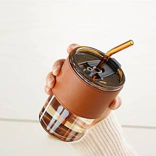 FEDWorld Reusable Glass Travel Sipper Tumbler With Glass Straw & Lid Juice Smoothie Glass Coffee Mug