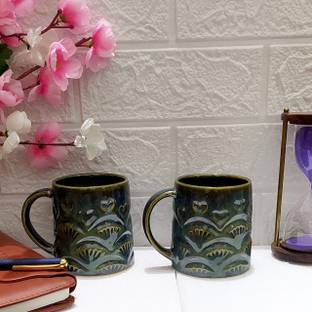 maalaxmi store DARK GREEN GLOSSY MUG SET PAIR 2 Ceramic Coffee Mug