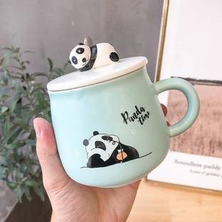 Avastro Ceramic Cartoon Panda Coffee Milk with Lid and Spoon Teacups Pack of 1 Ceramic Coffee Mug