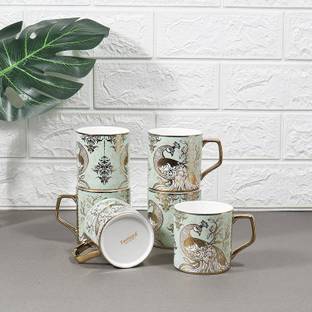 Femora Peacock Motif Leaves Pattern Fine Bone China Tea Cups 180 ml - 6 Pcs Set Bone China Coffee Mug