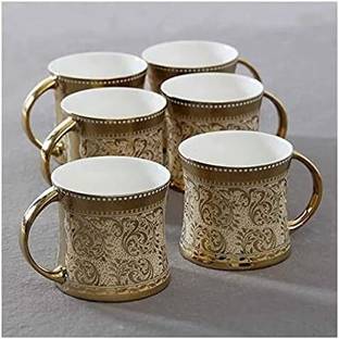 merdwal Cups Tea Set of 6 Diamond Luxury Golden Coffee Cups Bone China 160 ml (Gold) Bone China Coffee Mug