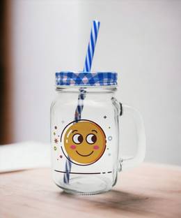 DECOR BAZAR Glass Manson Jar with Lid & Straw for Juice Drinking, Party, Home Office Glass Mason Jar