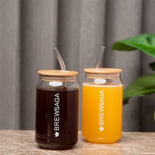 Brewsaga Glass Tumbler With Bamboo Lid And Glass Straw Coffee/Tea Hot&Cold Glass Tumbler