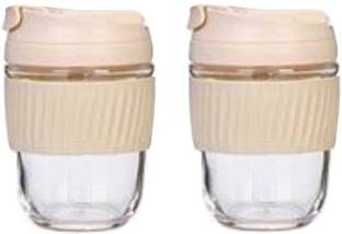 IndusBay 2 Pieces Leak Proof Glass Sipper Coffee 250 ML Reusable Car Travel Cup Glass Coffee Mug