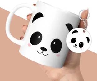 PrintingWorld Cute Panda Face Printed Coffee and Keychain Gift Ceramic Coffee Mug