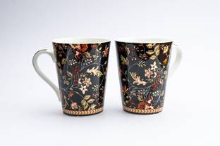 Golden Queens Ceramic Floral Print - Milk & Coffee, 300 Ml - Set of 2 (Black) Bone China Coffee Mug