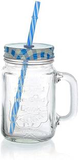 Ditiya Glass Mason with Air Tight Lid, Straw and Handle Chocolate Shake Juice Glass Coffee Mug