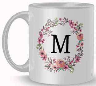 RAJEEC Best Gift M Letter Flower Alphabet Special Day Ceramic Coffee Ceramic Coffee Ceramic Coffee Mug
