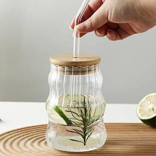 Flipkart SmartBuy Drinking Glasse with Bamboo Lids and Glass Straw Can Shaped Glass Cups Tumbler Glass Tumbler