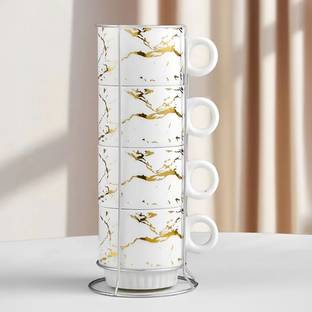 BONZEAL Ceramic Set of 4 White Marble Stackable Cup Set Ceramic Coffee Mug