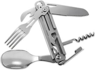 TAKSH Siang 5-in-1 Steel Campware Cutlery Set with Pouch for Travel, Picnic, Camping Multi-utility Knife