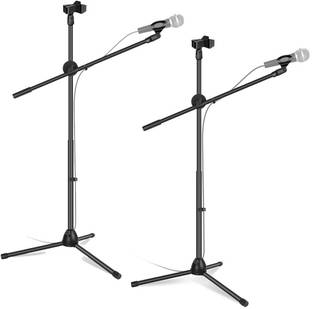 SOUVENIR Set of 2 Microphone Stand 3-Leg Boom Microphone Stands with Dual Mic Clip Holders Mic Stand Long Height for Stage Performances and Singing Adjustable Height Upto 52”- Black Microphone Stand