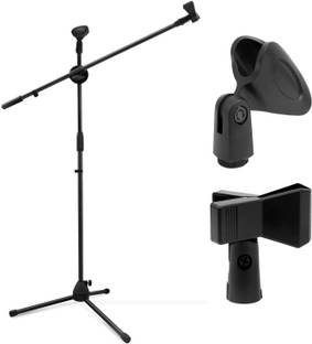DawnRays Microphone Stand, Upgraded Mic Stand with Dual Mic Clip Holders Heavy Metal Base Adjustable Collapsible Tripod Height Adjustable Boom Stands (Black) Adjustable Microphone Stand