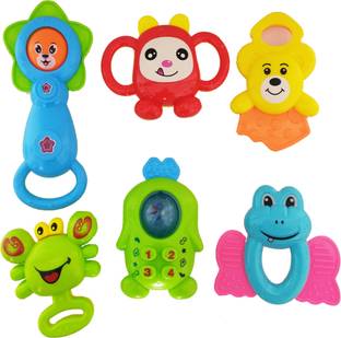 PRESENTSALE Pack of 6 Animal Rattle and Teether Set for New Born Babies, Non-Toxic Rattle