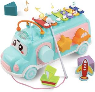 AR Jouiet Mansion Pullable School Bus With Xylophone Instrument Toy For Kids, With 7 Shape Blocks