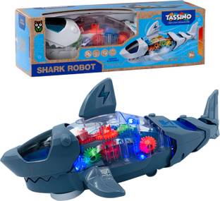 Tassino Robot Shark Toy, Electric Gear Fish Sound Toys For Kids Light & Music (Grey)