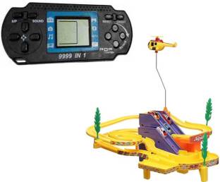 Premio Coppex Track Racer Car Set–4 Mini Cars, Rotating Helicopter & Sounds+Free Video Game