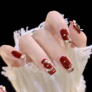 YUFUFUL 24-Pc Short Valentine’s Red Coffin Acrylic Nails Set - Pearlescent
