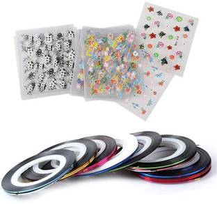 TREXEE 3D Design Self Adhesive Plastic Nail Art Stickers & Stripping Tape- Set of 20