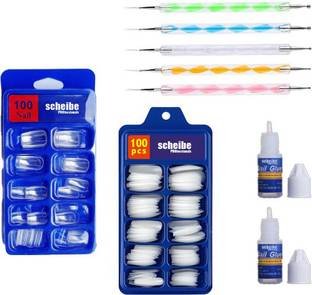 Scheibe 100 pc White nails, 100 pc Transparent Nails, 2 pc Nail glue and 5pc Dotting Pen