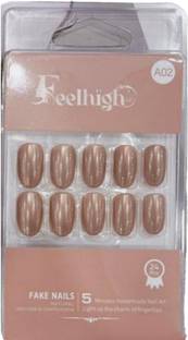 feelhigh 24 Press On Nails Tips Natural Reusable Stick on Nails Jelly Glue on False Nails
