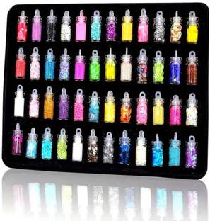 Royalkart 48 Pcs Glass Bottles 3D Nail Art Set. Glitter Sequins Rhinestones