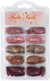 TREXEE 120 Pcs Medium Round Artificial Nails Extensions Combo in 5 Colors With Glue