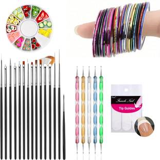 Royalkart Nail Art Combo, Nail Art Tools Set of 5, 15 pcs Nail Brush Set,10 pc Stripping Roll Tape, A French Manicure Nail Art Tip Guide and a Clay Wheel (Multi)