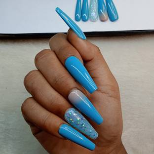 The NailzStation Glossy Blue Glitter Ombre Fake Nails In Ballerina (Pack of 20)