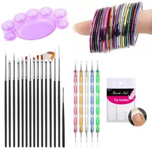 Royalkart Nail Art Paint Kit Of 15 Pieces Nail Art Paint Brushes With 5 Pieces 2 Way Marbleizing Dotting Pen, 1 Set Of Finger Tip Guide, 1 Palette And 10 Pieces Assorted Colours Nail Striping Tape