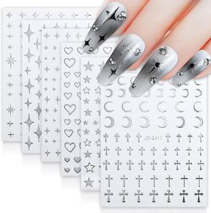 HASTHIP Y2K Sweet Chic Metallic Silver Star Heart Nail Stickers Self Adhesive 6 Sheets