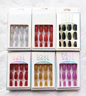 Haan 6 Different Color Press on Glitter Artificial Nails For Girls Extension Kits