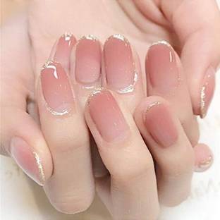 TREXEE 24 French False Nails With Sticker&Manicure File&Wood Stick(Golden Lines-Almond)