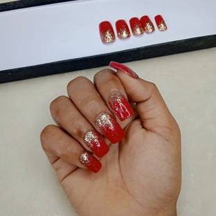 The NailzStation Glossy Red With Golden Glitter in Medium Square (Pack of 20)