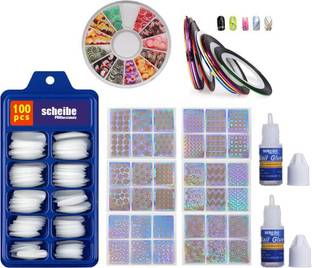 Scheibe 100 White Nails 2 Glue 4 Nail Tape 1 Nail Art Wheel and 6 Sheet Sticker Multicolor