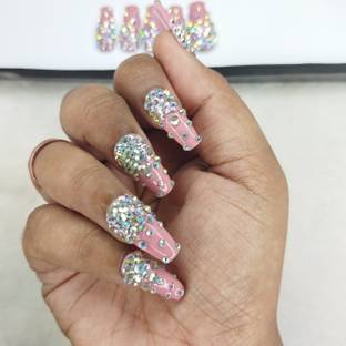 The NailzStation Glossy Pink Studded Ombre in medium Ballerina (Pack of 20)