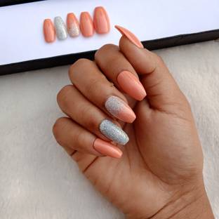 The NailzStation Glossy Peach Glitter Ombre Fake Nails In Coffin (Pack of 20)