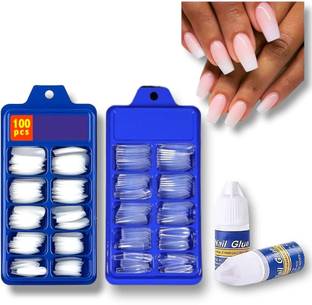 GLOW FIRST Professional 200-Piece Artificial Nails Set100 White100 Transparent Nail Glue White, Transparent