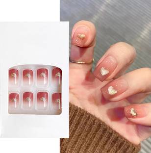 S.A.V.I 24 Pcs Gradient Pink Medium-Length Press-On Nails Square Fake Nail Golden Heart