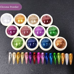 HUDA. BB Mirror Chrome Nail Powder Set -12 Colors Metallic Holographic Chrome Nail Powder
