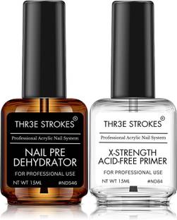 THR3E STROKES Nail Dehydrator and Primer, Acid Free Natural Nail Prep Dehydrator & Primer Set