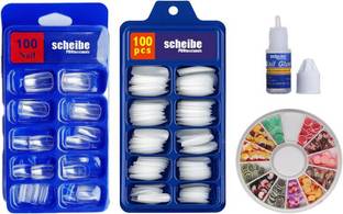 Scheibe 100pcs Transparent Nails 100pcs White Nails 1 Nail Glue and Nail art Wheel Combo