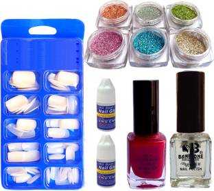 vizo Trending 6 Color Professional Glitter + 100 False nail + 2 Nail Polish + 2 Glue