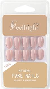 feelhigh 24 Stick On Natural Fake Nails , WaterProof, Press On Nails Short Press