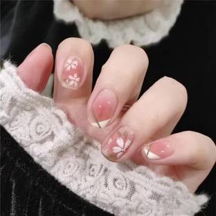 TREXEE 24 PCS Stick On Nails for Women French Nail Reusable Jelly Glue
