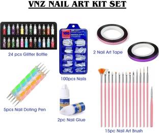 vnz NAIL ART KIT WITH 24 GLITTER BOTTLE,2 TAPES,15 BRUSH,5 DOT PEN,2 GLUE,100 NAILS