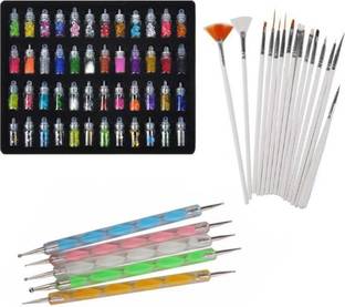 VULPIX 48 Bottles 3d Nail Art Glitter Sequins Set, 5Pc Double Side Dotting Pen, 15Pcs Nail Art Brush Decoration Tool