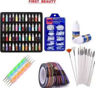 FIRST BEAUTY Professional Nail Art Glitter Glass Bottle,Nails,Tapes,Brush,Pen,Glue 3D NailArt