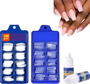 WAHIRA Artificial Nails Set Of 100 Pcs White and 100 pcs Transparent With Nail Glue